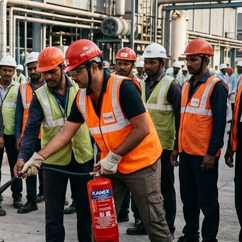 Fire safety technician demonstrating pulling the safety pin from a fire extinguisher