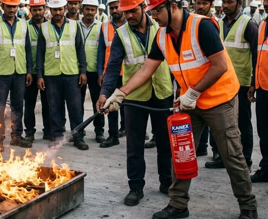 Demonstrating aiming the fire extinguisher nozzle at the fuel base