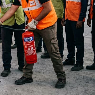 Close-up demonstration of squeezing the fire extinguisher operating handle