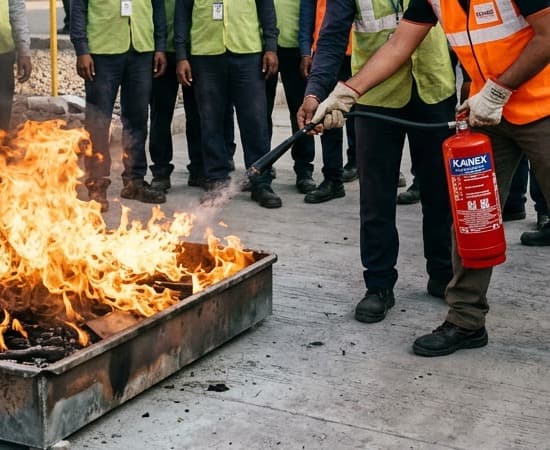 Technician sweeping the extinguisher discharge stream across the fire base