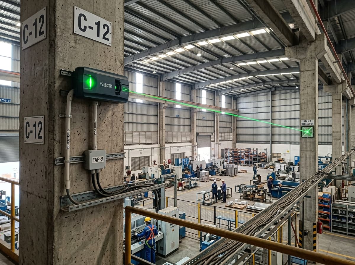 Long-range optical infrared beam smoke detector installation on concrete pillar in high-ceiling industrial warehouse