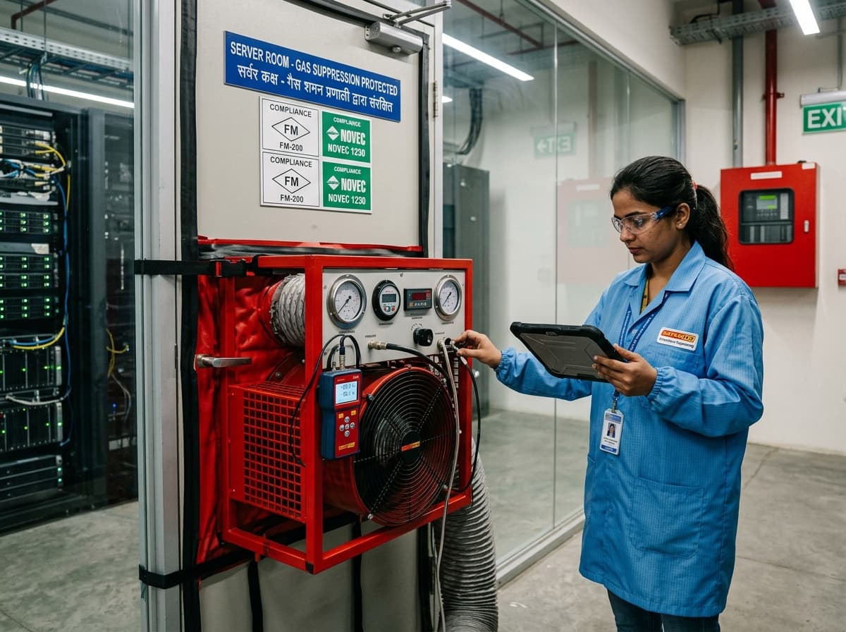 Quantitative enclosure integrity blower door fan retention test conducted on server room door by safety technician