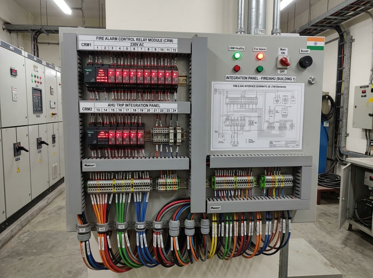 Fire alarm control relay module CRM panel with AHU trip integration relays, terminal blocks, and armored signal cables