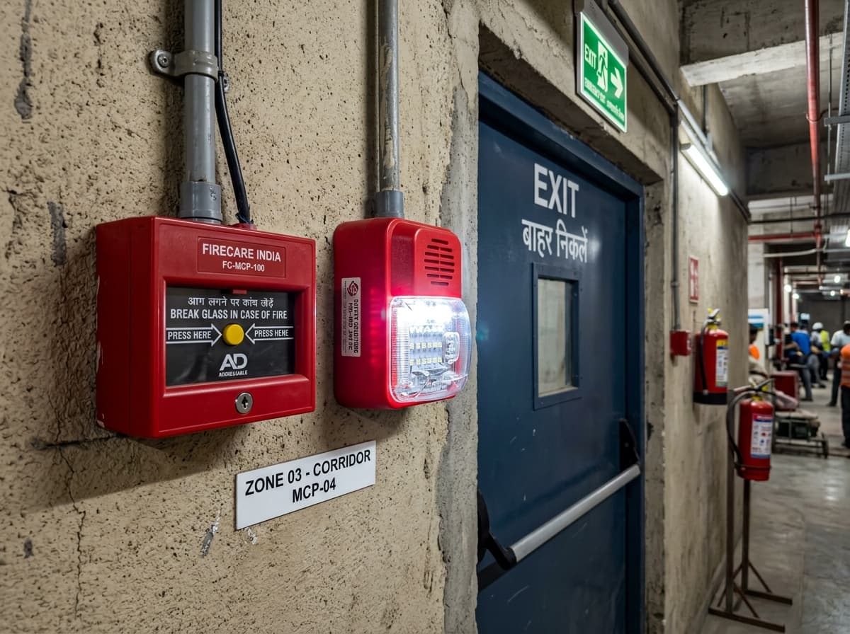 Red addressable manual call point break-glass unit and high-output LED flasher sounder strobe installed by exit doorway