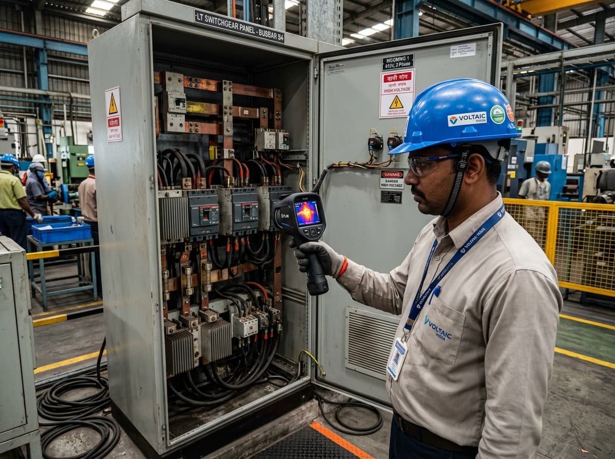 Certified electrical engineer conducting infrared thermography inspection on main LT switchgear panel with thermal camera