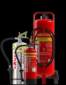 Kanex water and AFFF mechanical foam fire extinguishers with stainless finish and mobile trolley